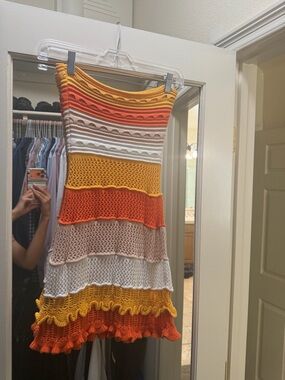 Striped Knit Ruffled Mini Dress - Yellow, Orange, Cream